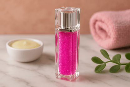 Pink lip gloss bottle on a marble surface with a bowl, towel, and leaf.