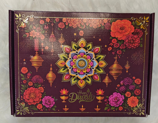 Decorative box with floral and mandala design on a white fur background